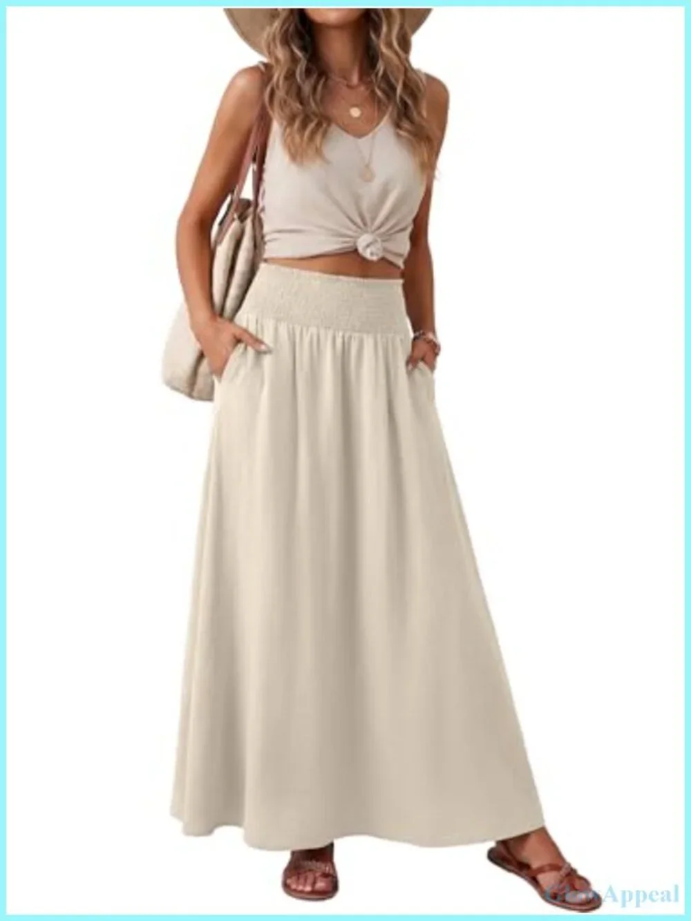 Women's Maxi Skirt High Waisted Smocked Elastic Boho Swing Pleated Long Skirt